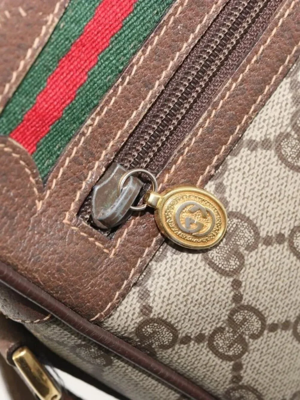 GUCCI GG Supreme Web Sherry Line Bag PVC Beige Gold Red 119 02 088 Auth YKZ1578